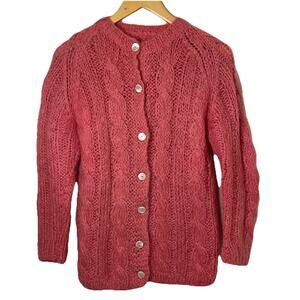 VTG Cable Knit Pink Wool Cardigan Sweater US Sz M/L ~ EU 40 Cottagecore Boho